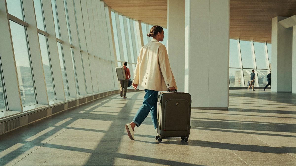 A put-together traveler walking through a sunlit airport terminal