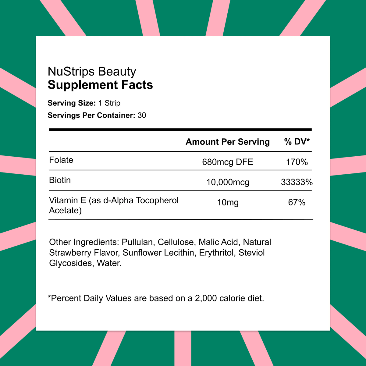 NuStrips Beauty biotin strips Supplement Facts panel: Biotin 10,000mcg (33,333% DV), Folate 680mcg DFE, Vitamin E 10mg
