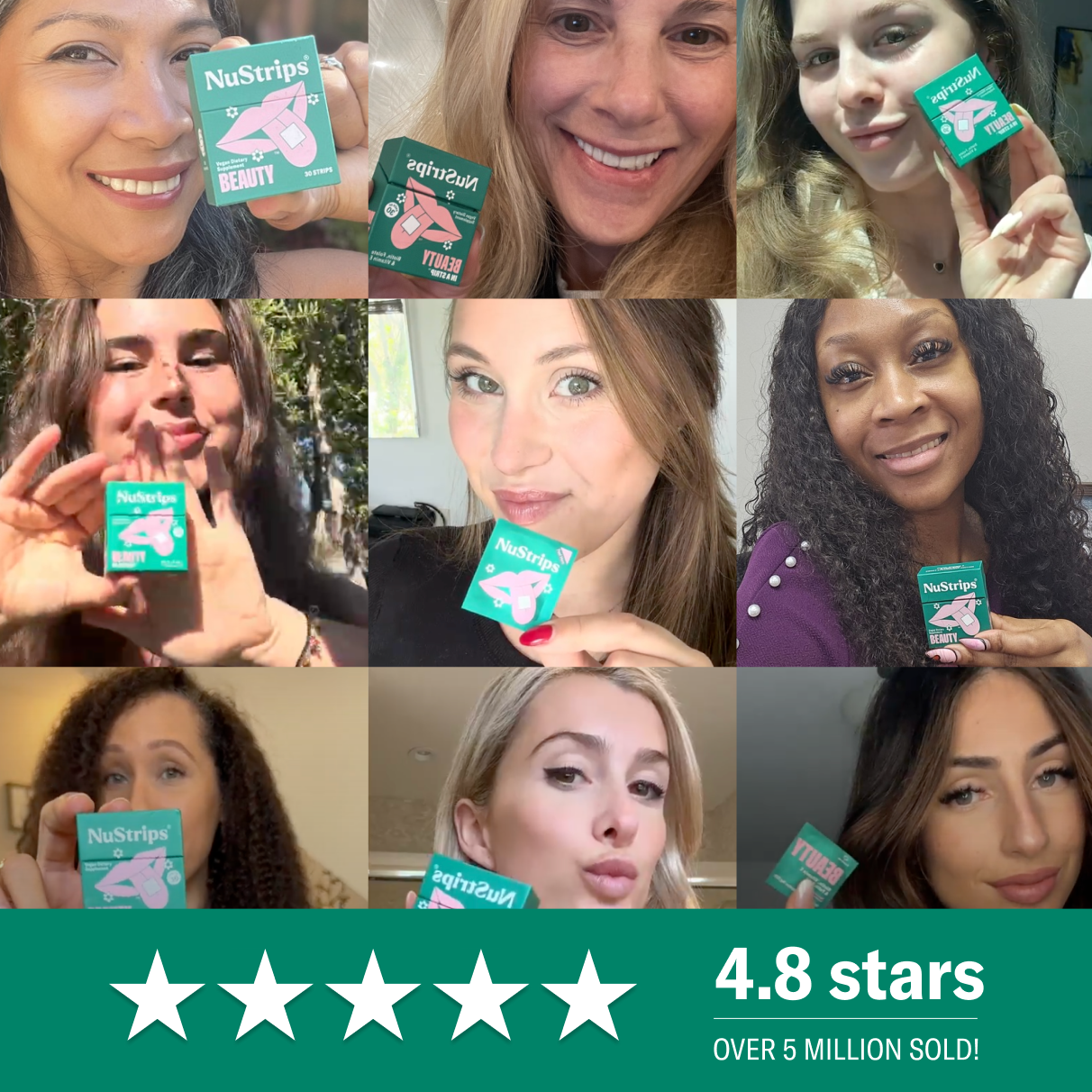 Real customers holding NuStrips Beauty biotin strips — 4.8 stars, over 5 million sold