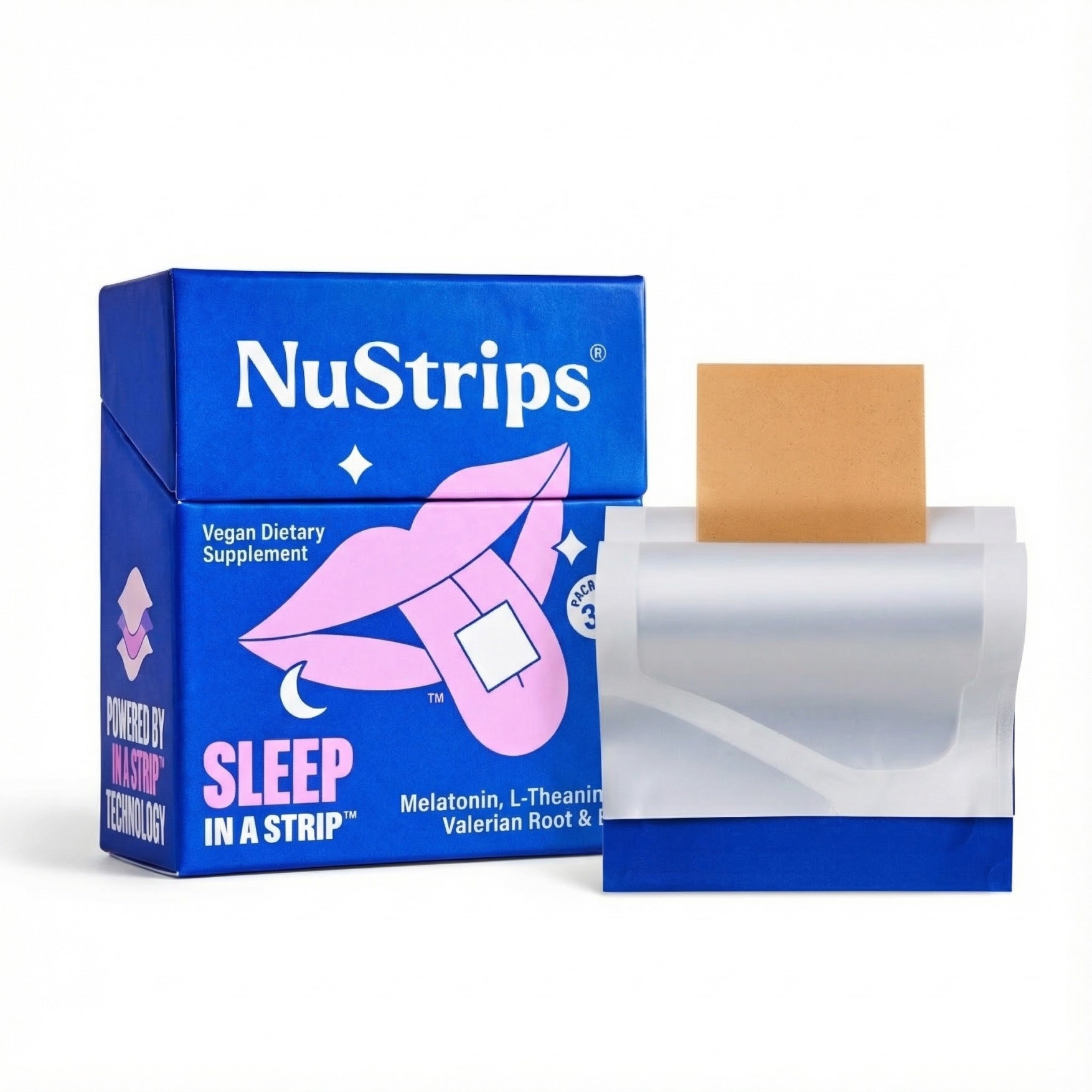 A single NuStrips sleep strip lifted from its single-serve pouch beside the Sleep box