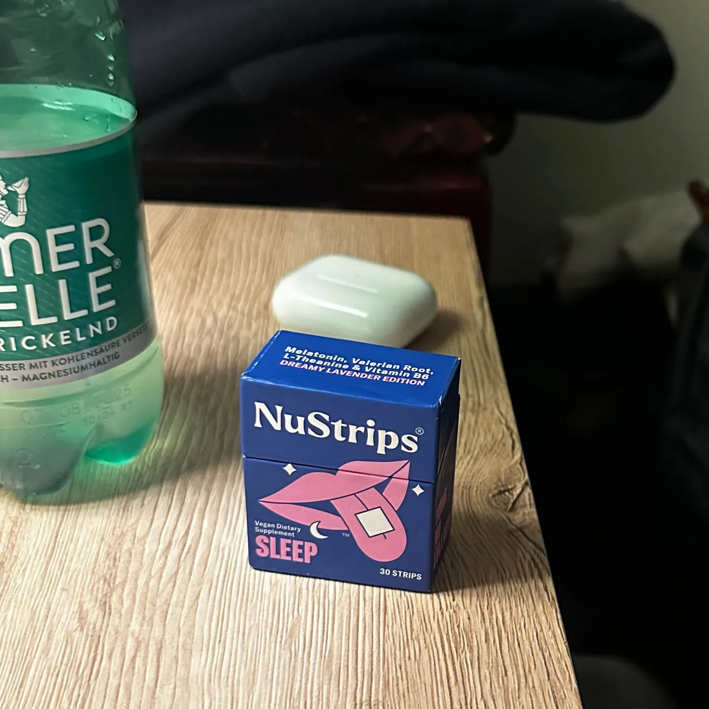 NuStrips Sleep box on a desk next to a water bottle