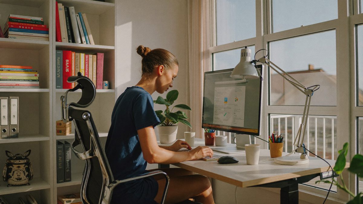 A focused person working calmly in daylight, no energy drinks