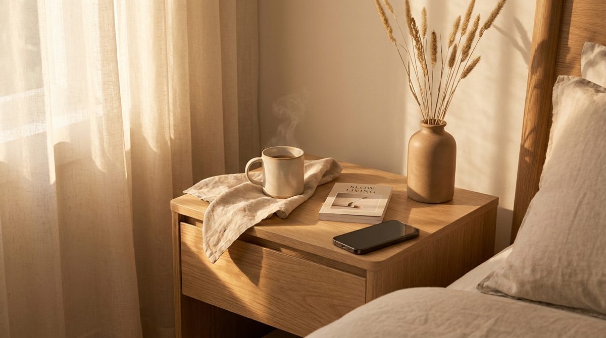 A calm morning nightstand with the phone face-down